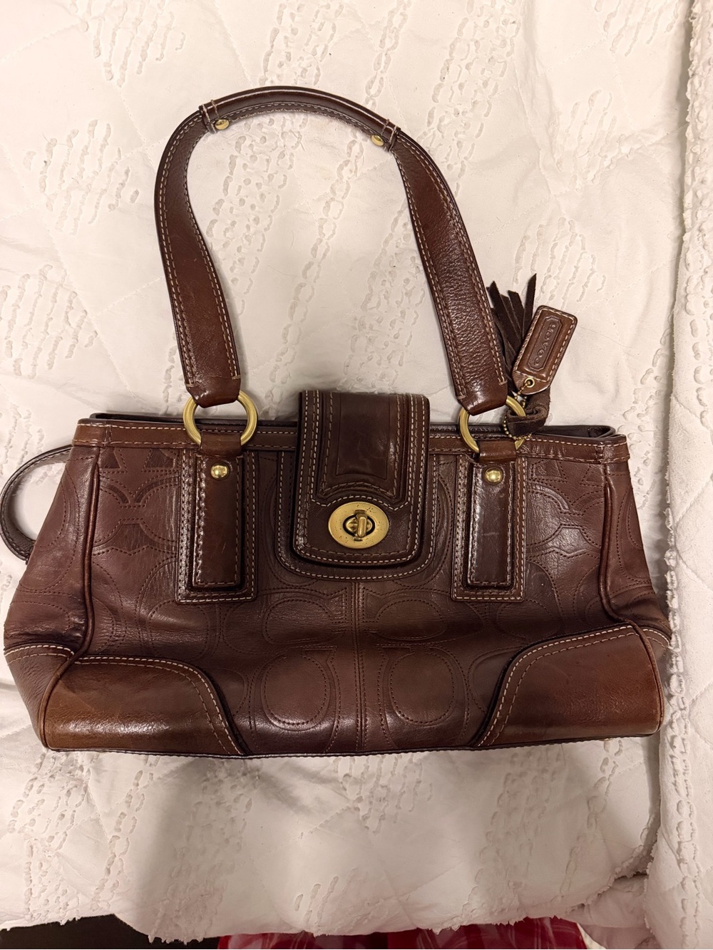 Brown leather vintage coach hampton bag with pink interior
